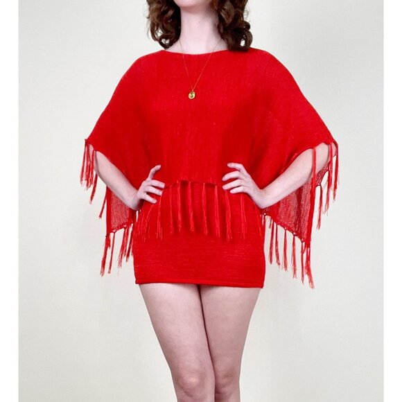Vintage Knit Fringe Micro Mini Dress Tunic Top Poncho Swim Cover Up Boho 90s Y2K - Picture 7 of 7